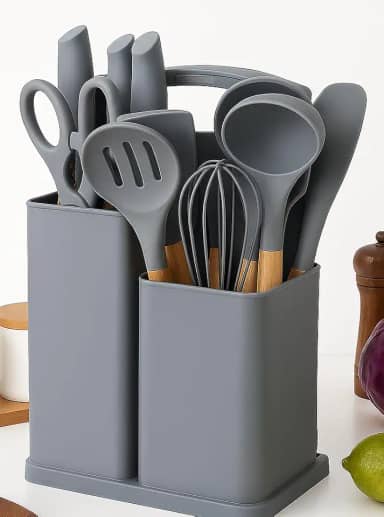 Utensilios Cozinha Silicone | Kit 19 Pecas Completo | Espatulas Pegadores, Colheres e Tabua de Corte | Para Cozinhar Assar e Servir | Resistente Calor Seguranca | Praticidade e Estilo (Cinza)