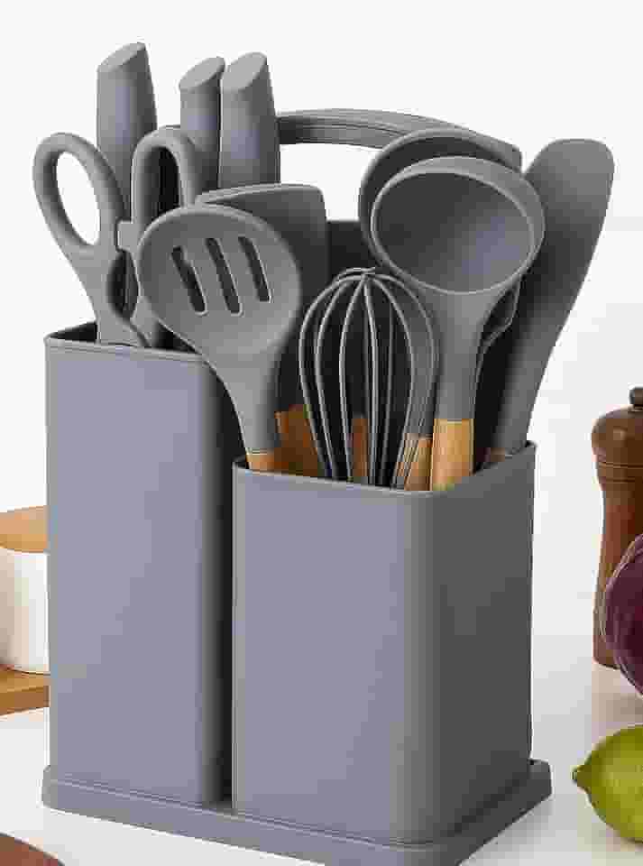 Utensilios Cozinha Silicone | Kit 19 Pecas Completo | Espatulas Pegadores, Colheres e Tabua de Corte | Para Cozinhar Assar e Servir | Resistente Calor Seguranca | Praticidade e Estilo (Cinza)