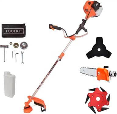 Roçadeira de Gasolina de 65CC, Motor de 2 Tempos com Potência de 3HP, Ideal para Trabalhos Intensivos, Lâmina/Disco 6 Pontas e Motopoda/Motosserra de Extensão Inclusos, Uso Profissional
