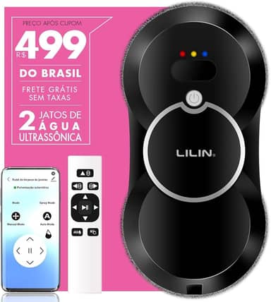 Lilin Robô Limpa Vidros HCR10, Robô de Limpeza de Janelas com Bivolt, Bicos duplos com spray ultrassônico com Bateria de Emergência e Sensores de Bordas Antiqueda, Planejamento inteligente de caminho