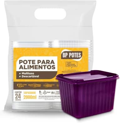 Pote Descartável 2000ml Retangular Com Tampa Freezer Microondas Sorvete Açai Bolo Marmita (Roxo, 24 Unidades)