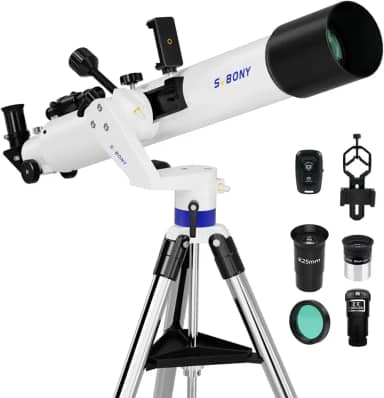 SVBONY Telescópio SV520 para adultos de alta potência, abertura de 90 mm, comprimento focal de 800 mm, telescópio refrator com suporte AZ, kit de telescópio para iniciantes com ocular PL10, K25, lente