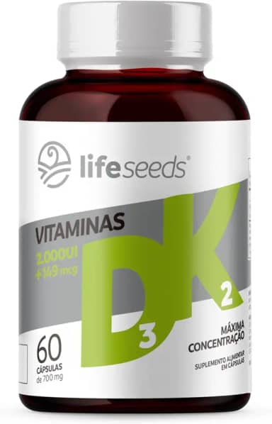 Vitamina D3 + K2 MK-7 2000 UI (50 µg) + 149 µg | 60 cápsulas | Life Seeds | D3 (colecalciferol) + K2 (menaquinona-7) | Sem glúten - 2 Meses