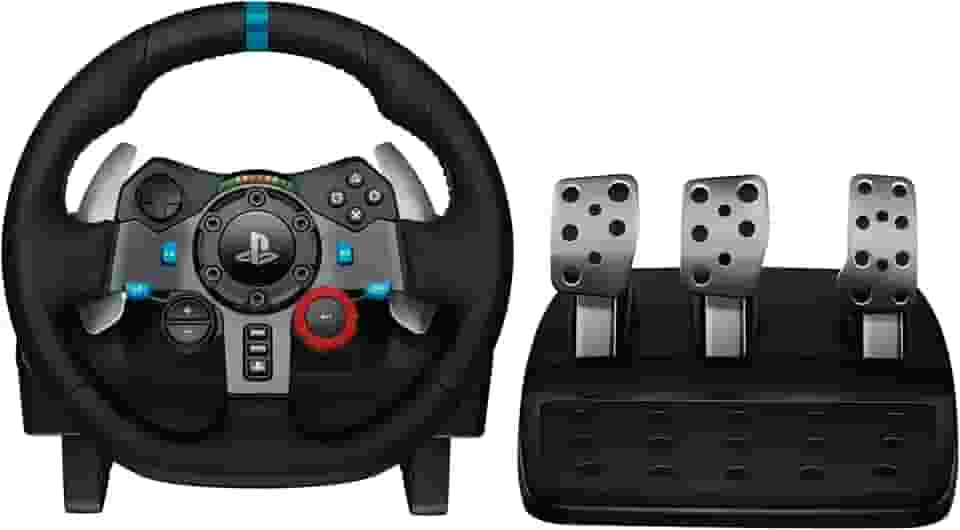 Logitech G Volante de corrida e pedais de chão 29 Driving Force, feedback de força real, câmbio de aço inoxidável, capa de volante de couro para PS5, PS4, PC, Mac - Preto