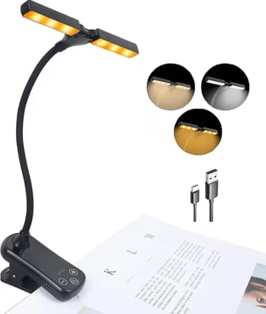 Lâmpada de Leitura LED Recarregável com Duas Cabeças e Clipe, 3 Cores Ajustáveis e Brilho Regulável - Design Minimalista em Preto para Mesa, Cabeceira e Escritório