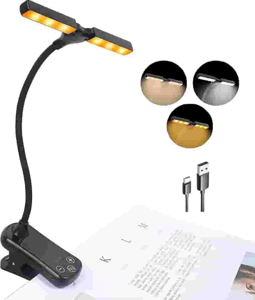 Lâmpada de Leitura LED Recarregável com Duas Cabeças e Clipe, 3 Cores Ajustáveis e Brilho Regulável - Design Minimalista em Preto para Mesa, Cabeceira e Escritório