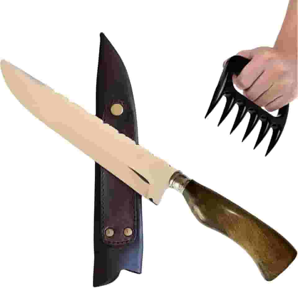 Faca Churrasco Artesanal ‘’Picanheira’’ + Garra de Urso - Aço Inox 3mm de 8’’ Polegadas - Faca do Chef Afiada de Fábrica – Acompanha Bainha em Couro - Linha Luxo HK