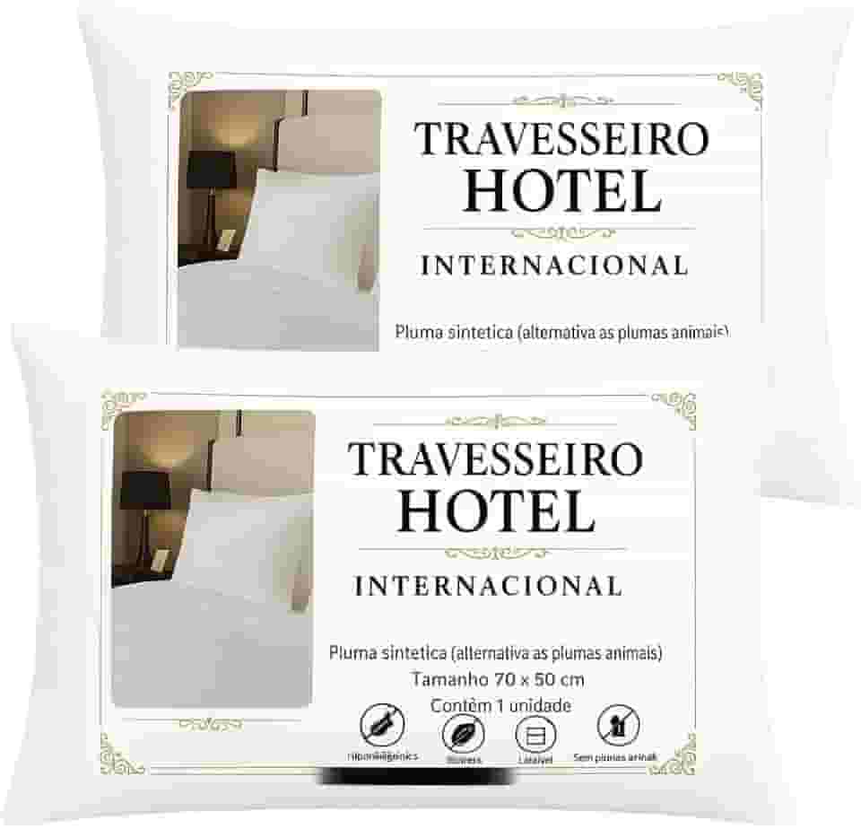 KIT 2 Travesseiros Hotel Internacional, Altura Ajustavel, Toque de Plumas Hipoalergênico, Capa com Zíper, Tecido Acetinado, Padrao Europeu