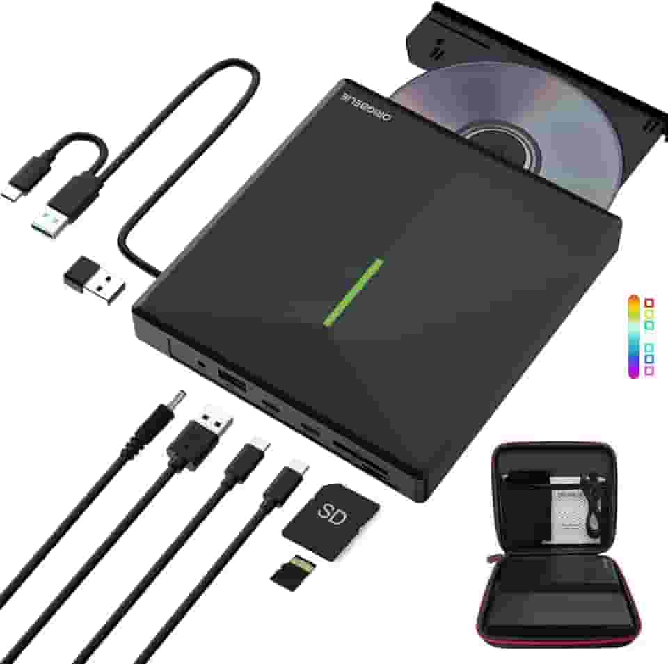 Unidade externa de CD DVD com 4 portas USB e 2 compartimentos para cartão TF/SD, gravador de leitor de CD/DVD USB 3.0 para laptop, PC, Windows 11/10/8/7 Linux OS com estojo de transporte