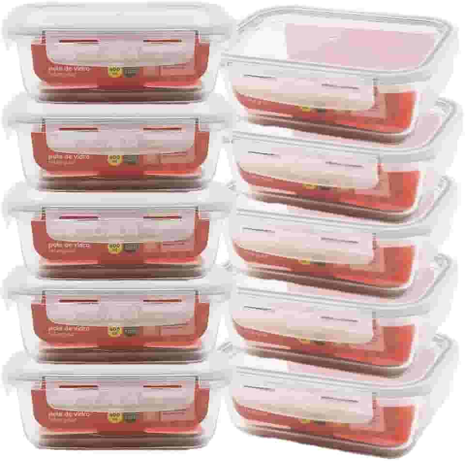 Mozcada - Kit 10 Potes de Vidro Marmita 600ml Hermético com Trava Retangular