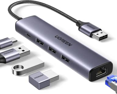 UGREEN Adaptador USB 3.0 para Ethernet, hub multiporta 5 em 1 com porta de alimentação Gigabit RJ45 e tipo C, adaptador de rede LAN compatível com laptop PC MacBook Mac Mini Surface XPS Window