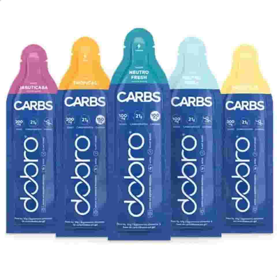 Carbs Gel Starter Pack, Combo de 5 Sabores: Neutro Fresh, Neutro Fresh com Cafeína, Tropical com Cafeína, Jabuticaba e Maracujá