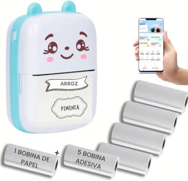 Mini Impressora Termica com 1 bobina de papel + 5 bobinas adesivas Para Etiquetas Adesivas Sem Tinta Bluetooth Com USB Portatil Sem Fio Papel Termico gatinho (Azul)