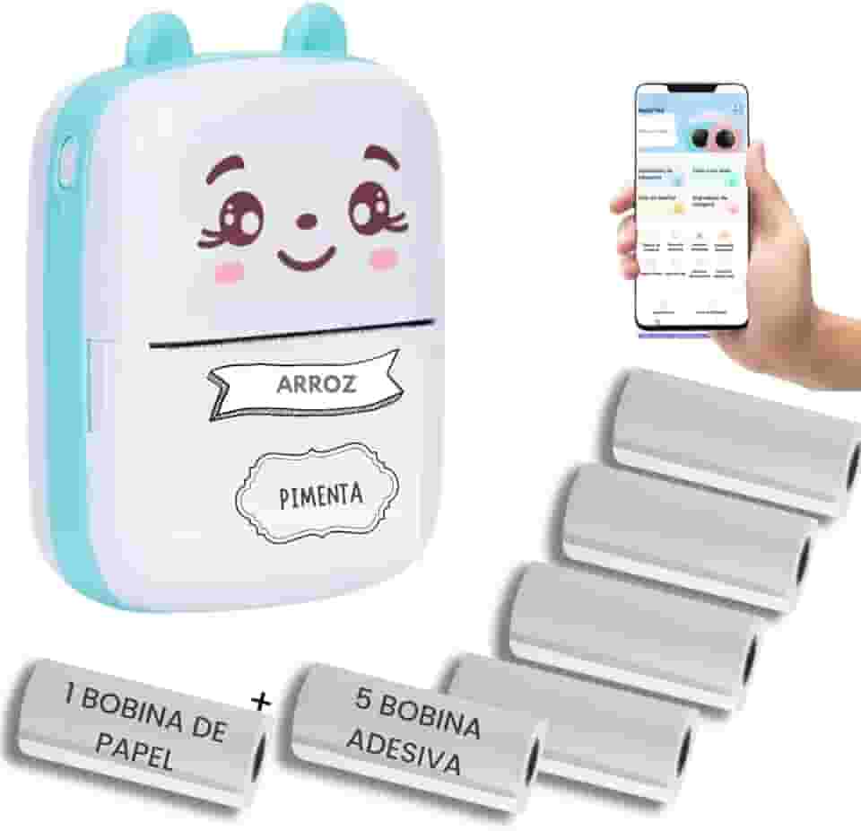 Mini Impressora Termica com 1 bobina de papel + 5 bobinas adesivas Para Etiquetas Adesivas Sem Tinta Bluetooth Com USB Portatil Sem Fio Papel Termico gatinho (Azul)