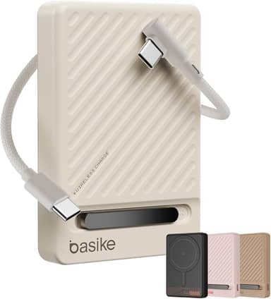Basike, Power Bank Indução10000 mAh, Carregador Portatil Indução, Carregamento Rápido Máximo de 22,5W, Cabo USB-C Removível e Suporte Ajustável, para iPhone Série 16/15/14/13/12, AirPods (Branco)