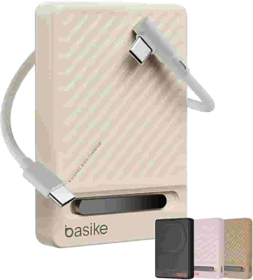Basike, Power Bank Indução10000 mAh, Carregador Portatil Indução, Carregamento Rápido Máximo de 22,5W, Cabo USB-C Removível e Suporte Ajustável, para iPhone Série 16/15/14/13/12, AirPods (Branco)