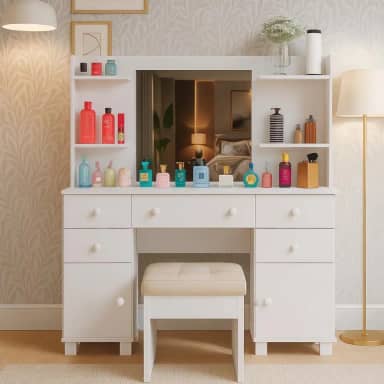 Penteadeira Camarim Com Prateleiras e Espelho 5 Gavetas 2 Portas Espaçosa Organizadora de Maquiagem Com Banqueta