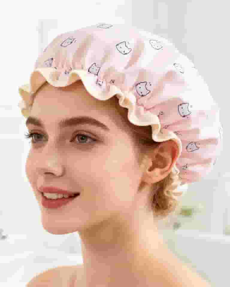 Touca de banho impermeável de camada dupla rosa DJA177-02