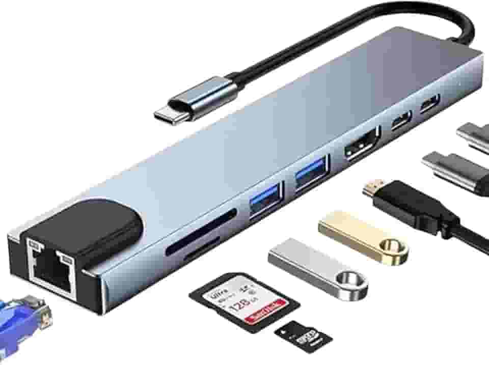 Hub USB-C 8 em 1 Multifuncional – HDMI 4K, Ethernet RJ45, USB 3.0, Leitor SD/TF, PD 100W – Compatível com MacBook, Windows, iPad Pro e Samsung DeX