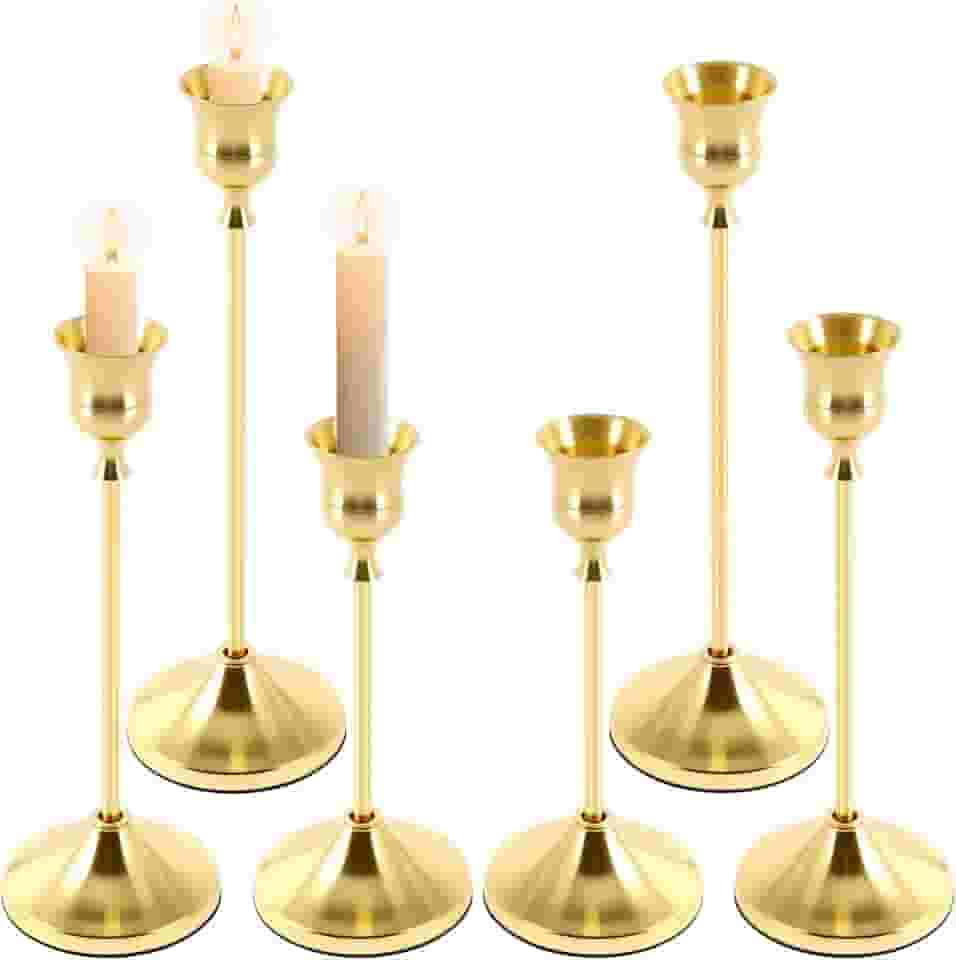 Conjunto de 6 castiçais dourados, suporte de vela afunilado de liga de alumínio com tapete antiderrapante, suporte decorativo moderno de 16/19/22 cm para mesa de jantar de casamento, festa de