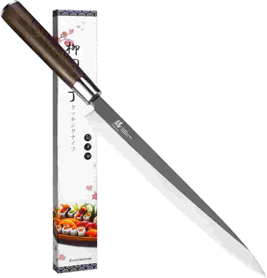 Faca de sushi japonesa para sashimi de 25 cm – VG10 Faca Yanagiba de aço com Urasuki e bisel escovado, cabo em forma de D de madeira wenge – Profissional para corte de salmão japonês e sushi