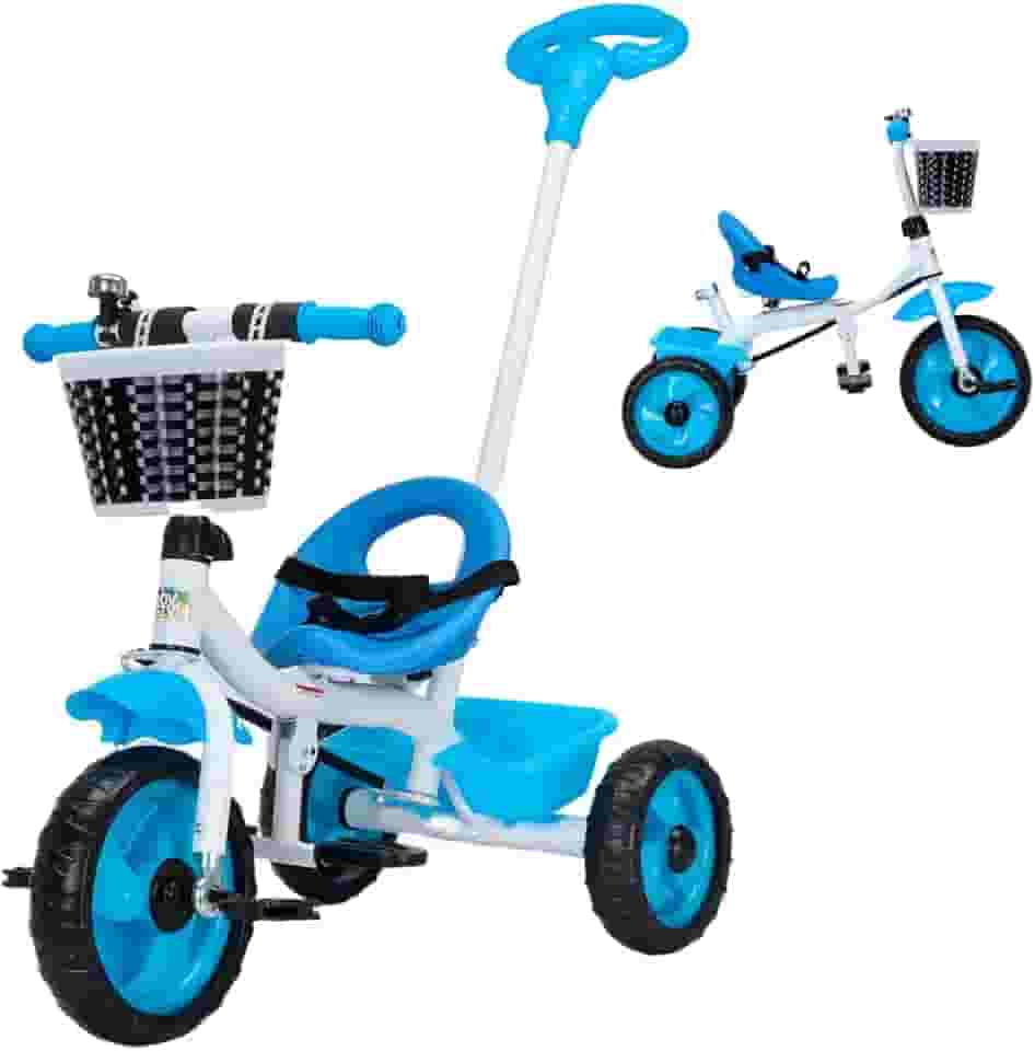 Triciclo Infantil Flex com Empurrador Pedal 2 e 1 Cesto Frontal e Traseiro, Seguro e Divertido para Crianças de 1 a 6 Anos - Baby Style (Azul)