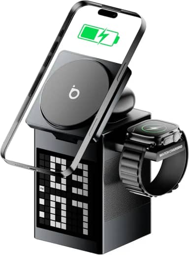 Basike Carregador Sem Fio Magnético 3 em 1, Rápido 15W, Compatível com MagSafe, com Alto-falante Bluetooth/Despertador para iPhone 16/15/14/13, Apple Watch 1-8/Ultra, AirPods (Sem Adaptador CA)