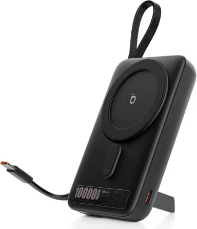 Basike Carregador Portatil, Power Bank Indução 10000mAh com Suporte Integrado, Ultrafino e Portátil, Carregamento Rápido Sem Fio + Cabo Tipo C 22.5W(MAX) Compatível com MagSafe (Preto)