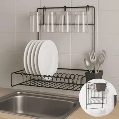 Escorredor de Louça Parede Dobrável Suspenso Premium Preto Pliar, 11 Pratos + 4 Copos, Porta-talheres, Suporta 6 kg – Otimize o Espaço da Sua Cozinha