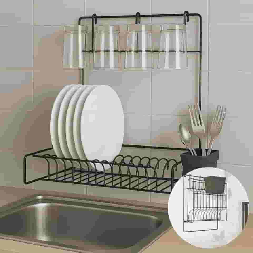 Escorredor de Louça Parede Dobrável Suspenso Premium Preto Pliar, 11 Pratos + 4 Copos, Porta-talheres, Suporta 6 kg – Otimize o Espaço da Sua Cozinha