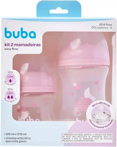 KIT 2 MAMADEIRAS EASY FLOW NUVEM ROSA 120 ML E 270 ML BUBA