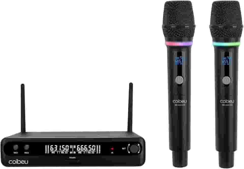 Microfone Sem Fio Duplo UHF, Microfone Dinamico Karaoke, 2 Microfones de Mão com Receptor, Saídas XLR/6,35 mm, Alcance até 50 m, Bateria Recarregável Type-C, para Karaokê, Igrejas, Palcos e Eventos