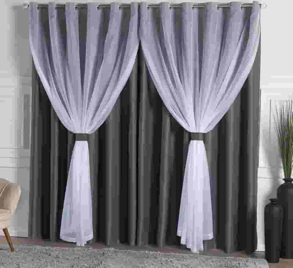 Cortina Solaris Blackout/Bleucate de Tecido com Voil 3,00m x 2,50m Alt com Ilhós Cromado e Abraçadeiras - Chumbo