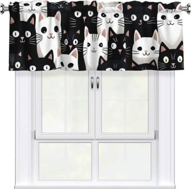 Cortina com bolso de haste curta, gatos com olhos grandes, cortinas de decoração de janela para cozinha, sala de estar, quarto, 1 painel, 137 cm L x 45 cm C