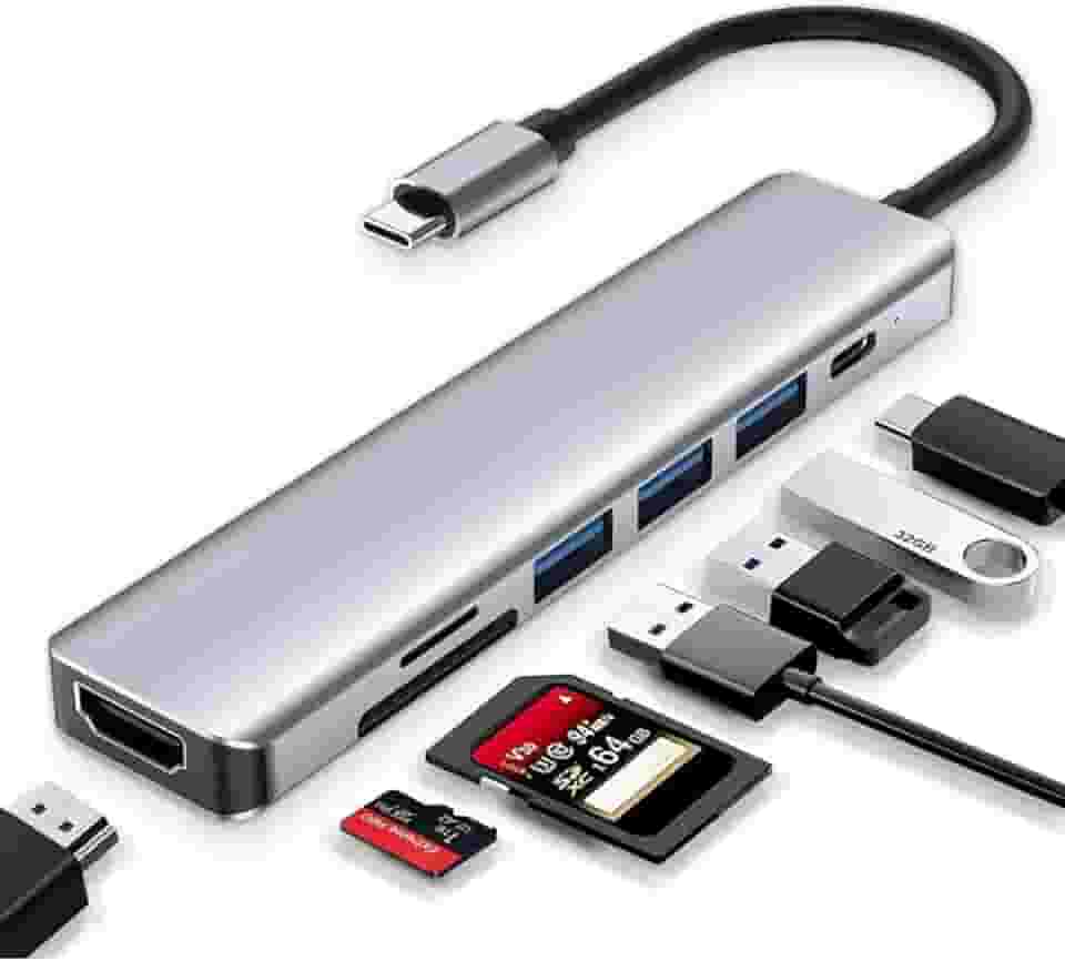 Hub USB-C 7 em 1 de Alta Velocidade com HDMI 4K, USB 3.0, Leitor SD/TF e Tipo-C PD — Adaptador Multiportas Premium para MacBook, Notebook e iPad
