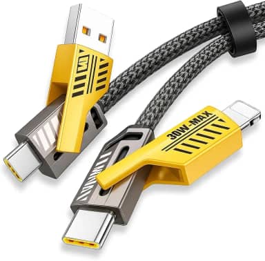 Cabo 4 em 1 Reforçado 65W Turbo com Conectores Lightning, Tipo-C e USB-A | Compatível com iPhone, Android, iPad, MacBook, Tablet e Notebook | 1 Metro | Nylon Trançado | Carregamento Rápido