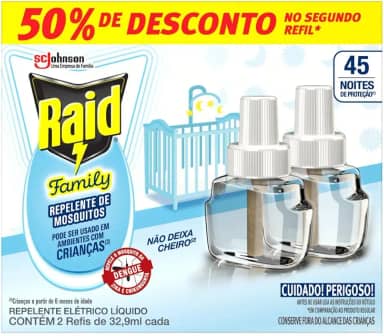 Raid Repelente Eletrico Líquido Family, 45 Noites, 2 Refis de 32,9ml
