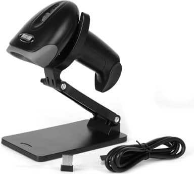Scanner de código QR com suporte dobrável, scanner de código de barras 2D 1D 2.4G sem fio e conexão USB com fio, leitor de código de barras de imagem CMOS portátil para supermercado de