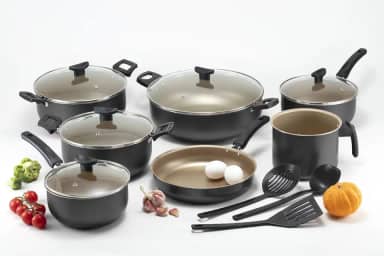 Jogo Panelas Grandes Robustas Com Wok 30 Antiaderente Teflon (Preto e Bege)