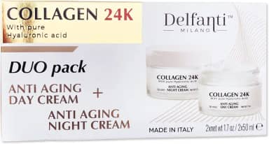 Delfanti • COLÁGENO 24K • Pacote DUO antienvelhecimento • Frasco de creme diurno Plus Frasco de creme noturno • Hidratantes para rosto, pescoço e decote com ácido hialurônico puro • Feito na Itália