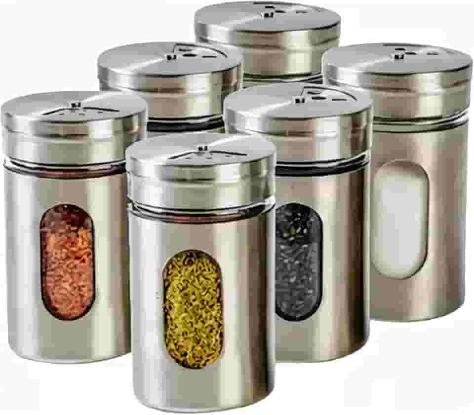 Kit 6 Porta de Temperos Saleiro Pimenteiro Inox e Vidro Conjunto Premium Aço Inoxidável com Visor Tampa Giratória 3 níveis para Condimentos de Cozinha
