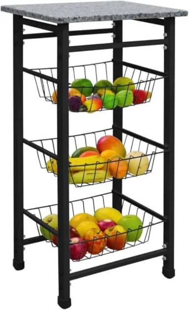 Fruteira Chão Cozinha Trés Cestos Removiveis Tampo de pedra Granito preto