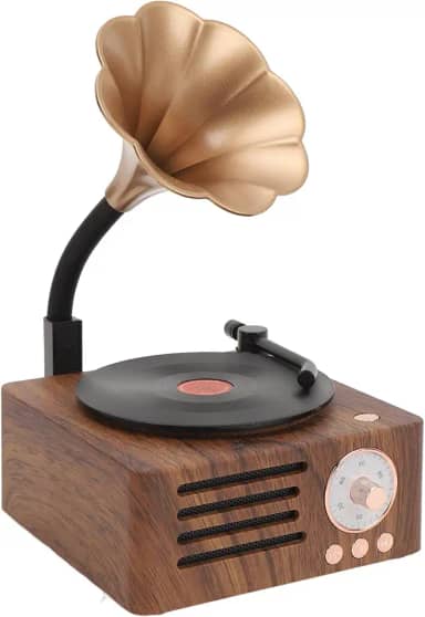 Toca-discos vintage, toca-discos portátil de grão de madeira com buzina de cobre, função de rádio FM, alto-falante Bluetooth compacto, para decoração de casa de entretenimento