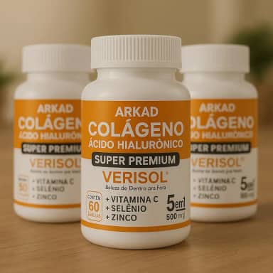 Colágeno Verisol® com Ácido Hialurônico 500mg – Arkad Super Premium 5 em 1 – Vitamina C, Zinco, Selênio – Pele, Cabelos, Unhas – Antirrugas e Firmeza – 180 cápsulas