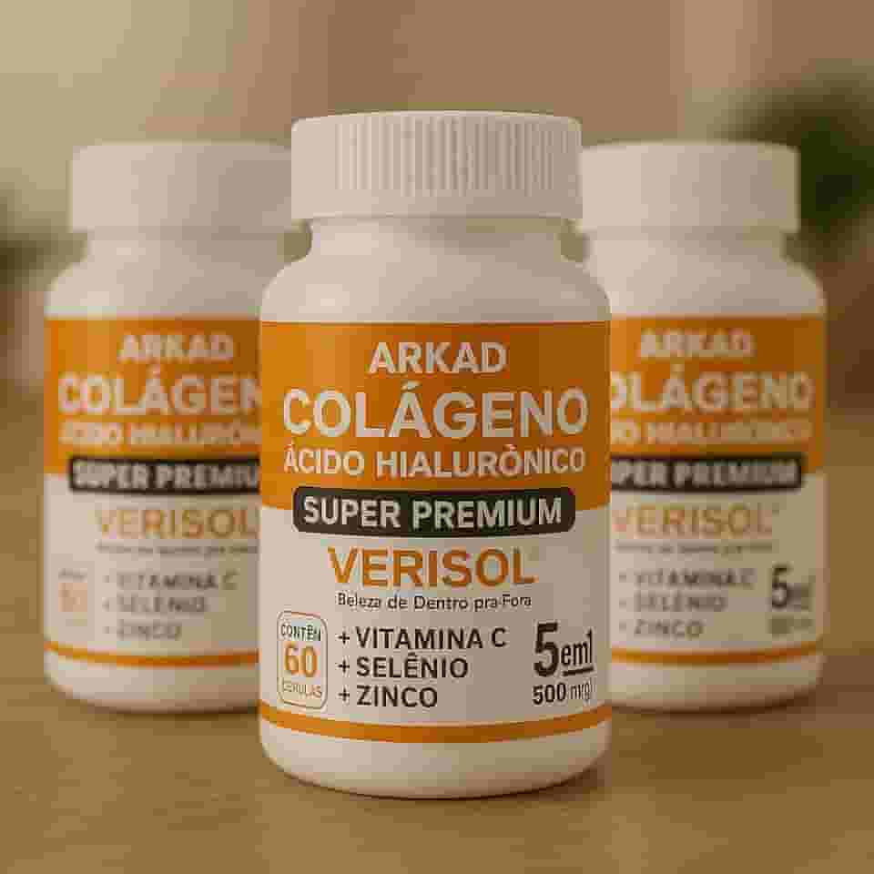 Colágeno Verisol® com Ácido Hialurônico 500mg – Arkad Super Premium 5 em 1 – Vitamina C, Zinco, Selênio – Pele, Cabelos, Unhas – Antirrugas e Firmeza – 180 cápsulas
