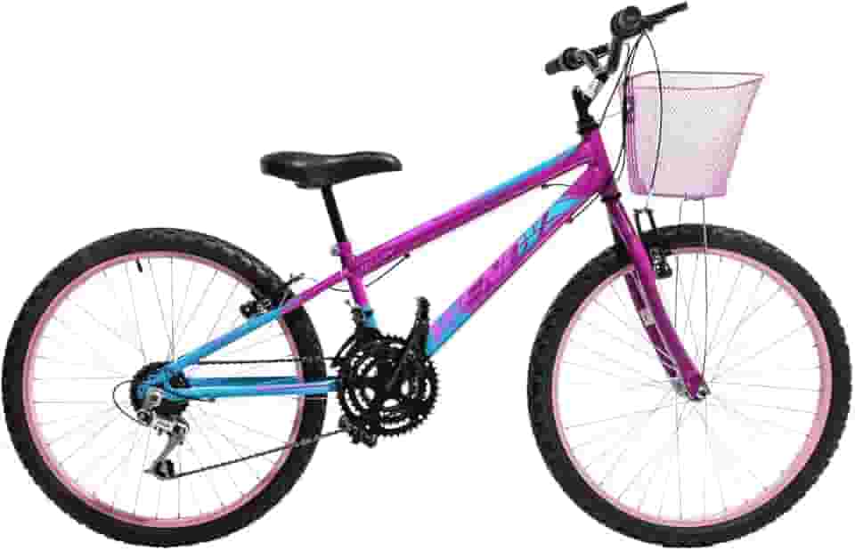 Bicicleta Feminina Infantil Aro 24 Quadro Wendy Adesivo Brilhoso 18 Marchas Com Cestinha Dianteira Rosa