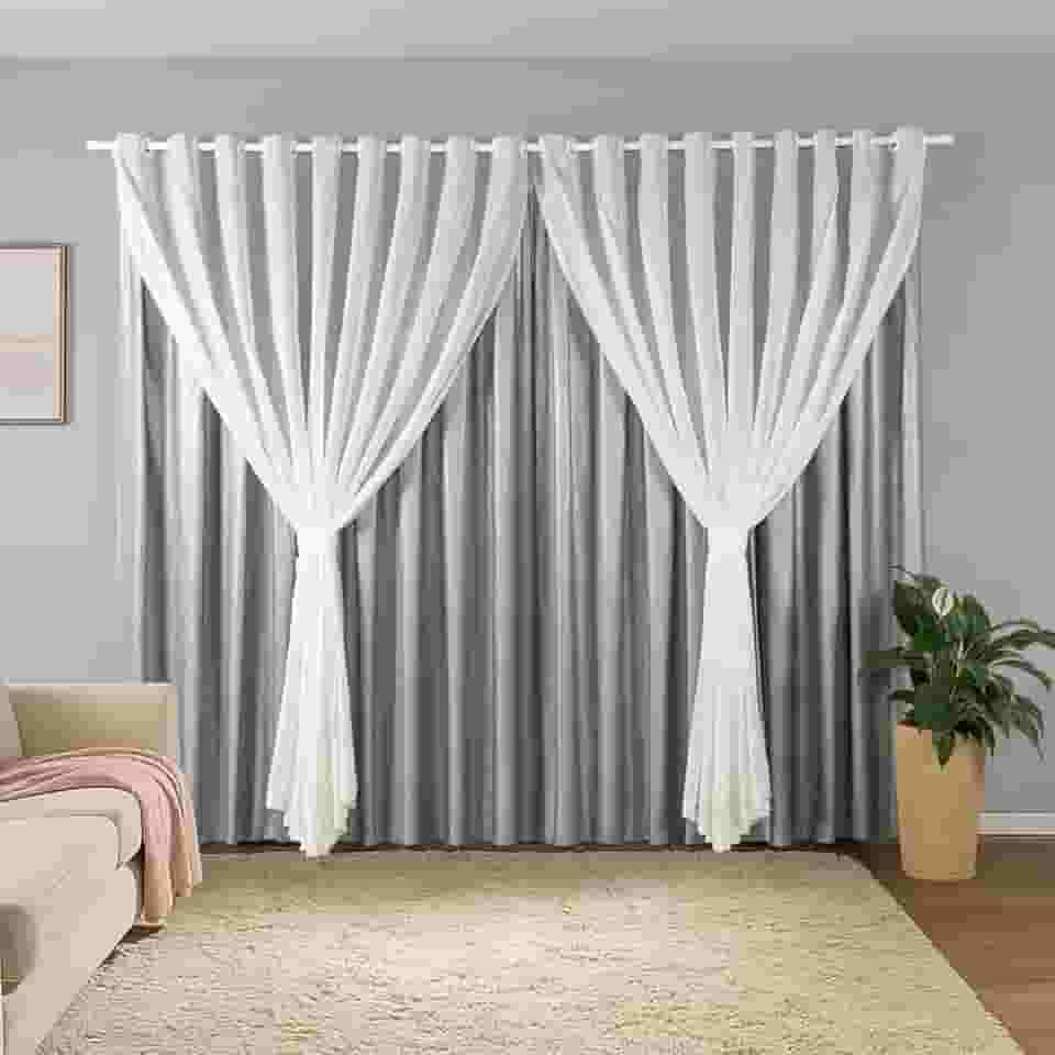 Cortina Sala Quarto Blecaute 2,80m Larg. x 2,50m Alt. Linho Trabalhado, Forro em PVC Blackout 100%, c/Abraçadeiras - Inovi - Cinza/Branco