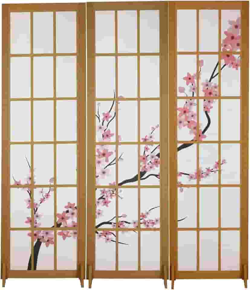 Biombo Divisoria MDF Oriental Japonês Divisor Ambiente Cerejeira Reto (3 Folhas)