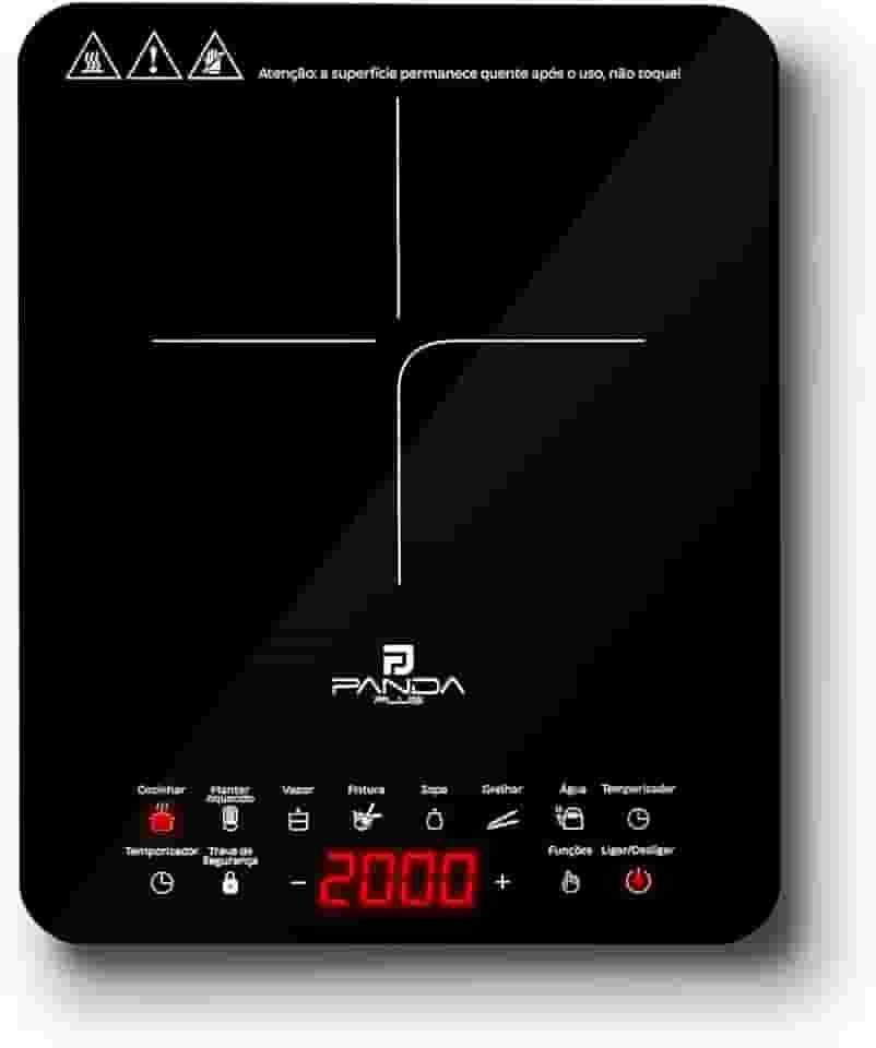 Cooktop Indução 1 Boca Portátil PandaPlus 2000W 220V Touch 8 Níveis Potência Temperatura Trava de Segurança Timer Vitrocerâmico Ícones Acesso Rápido