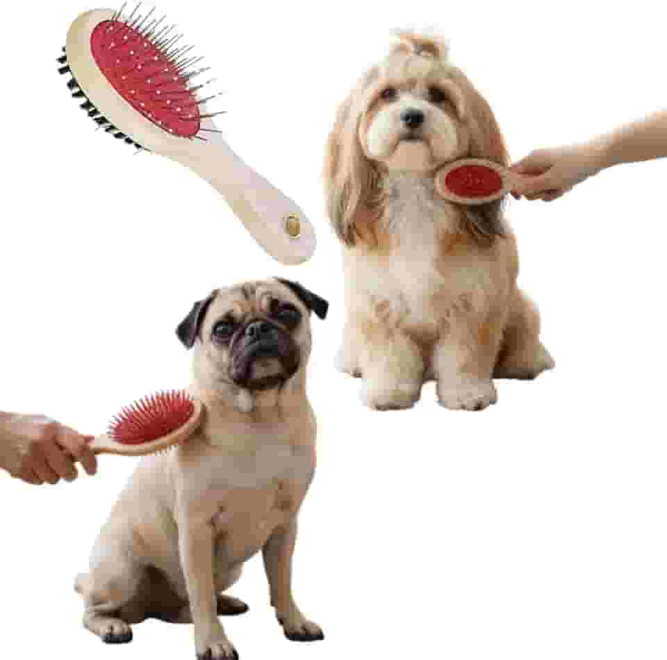 Escova Dupla para Pelos Longos de Cachorros e Gatos com Cabo de Madeira Ergonômico – Lado com Cerdas Macias e Pinos Metálicos para Desembaraçar, Remover Sujeira e Dar Brilho ao Pelo do Pet